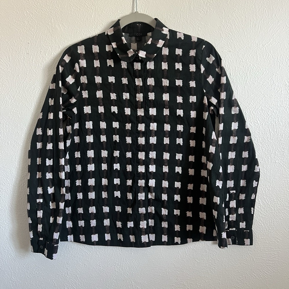 COS button up‎ shirt 4 dark green check long sleeve blouse work fun print retro